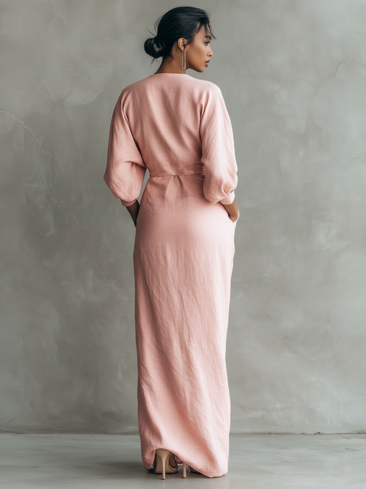 Teena | Damskie Letnia Lniana Kopertowa Sukienka Maxi