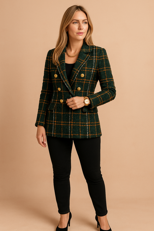 Danuta | Damski Dwurzędowy Blazer w Kratę
