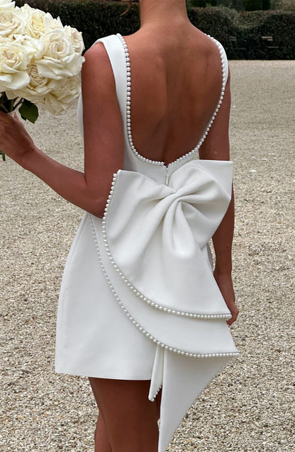 Jadwiga | Damskie Elegancka Weselna Mini sukienka weselna z kokardą