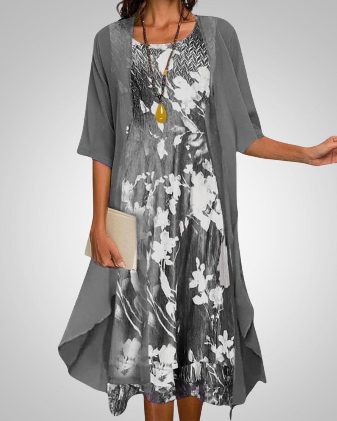 Chiara | Damska Drukowana Boho Sukienka Midi Kardigan Komplet