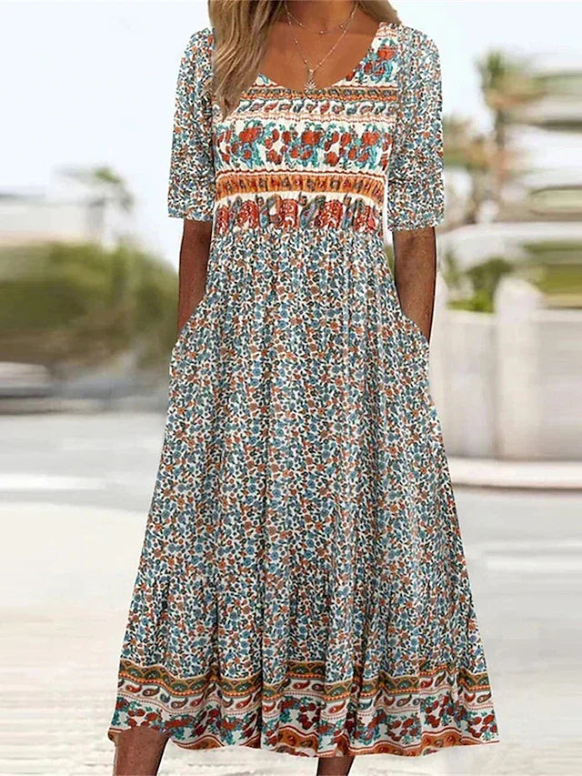 Lena | Damska Letnia Drukowana Boho Sukienka Midi