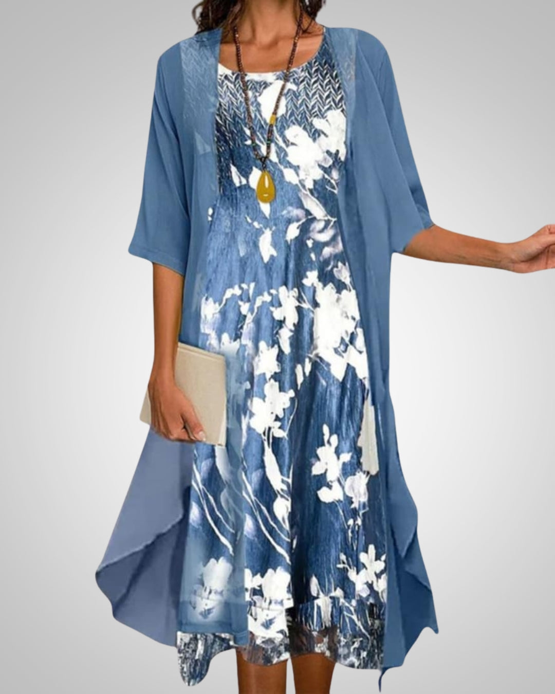 Chiara | Damska Drukowana Boho Sukienka Midi Kardigan Komplet