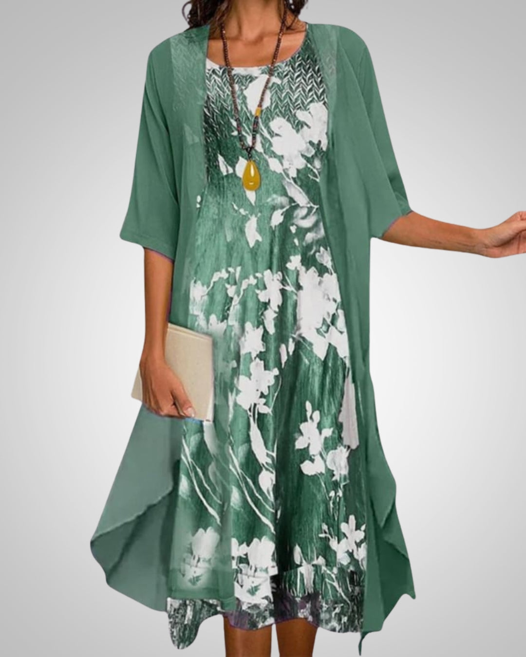 Chiara | Damska Drukowana Boho Sukienka Midi Kardigan Komplet