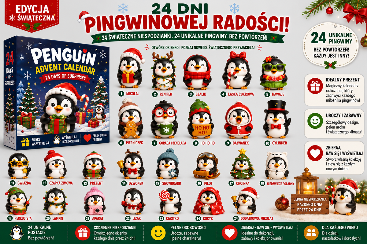 Kalendarz Adwentowy 24 Unikalne Figurki Pingwinów