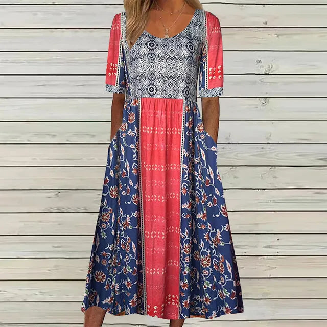 Lena | Damska Letnia Drukowana Boho Sukienka Midi