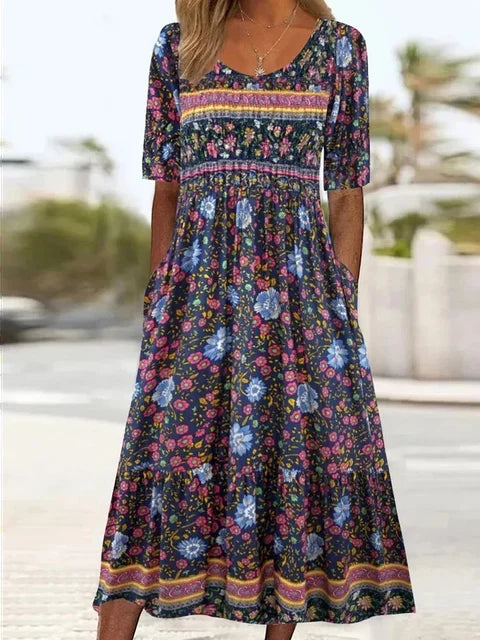 Lena | Damska Letnia Drukowana Boho Sukienka Midi