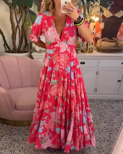Marissa | Damska Florystyczna Sukienka Maxi Dekolt V Krótkie Rękawy