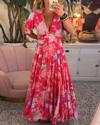 Marissa | Damska Florystyczna Sukienka Maxi Dekolt V Krótkie Rękawy