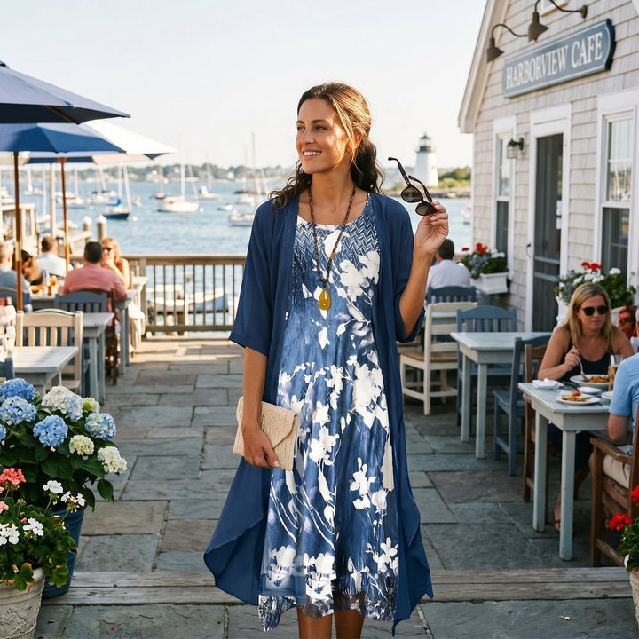 Chiara | Damska Drukowana Boho Sukienka Midi Kardigan Komplet