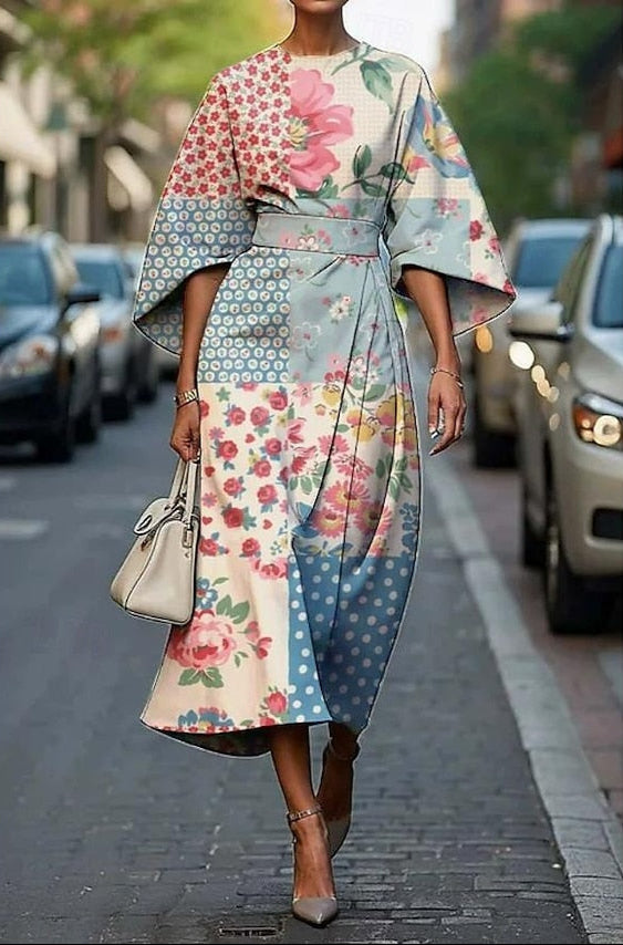 Cäcilia | Damska Elegancka Drukowana Sukienka Midi Rękawy Kimono