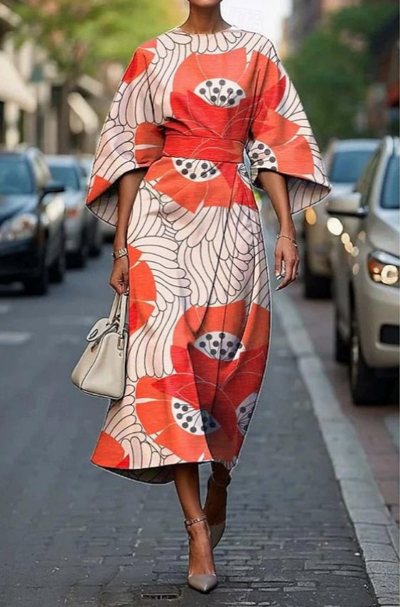 Cäcilia | Damska Elegancka Drukowana Sukienka Midi Rękawy Kimono