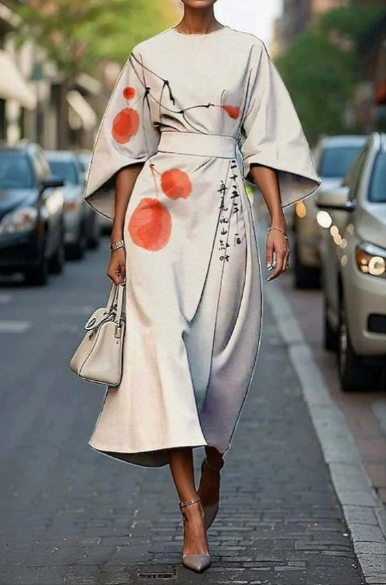Cäcilia | Damska Elegancka Drukowana Sukienka Midi Rękawy Kimono
