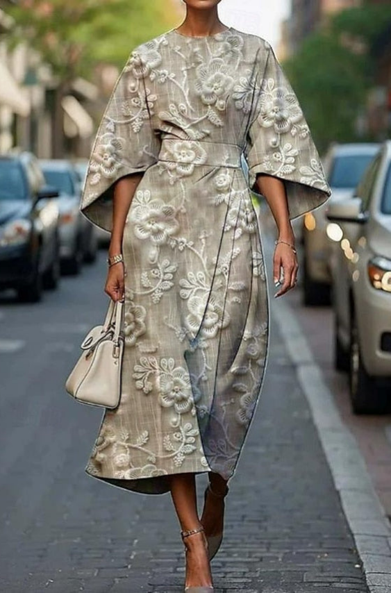 Cäcilia | Damska Elegancka Drukowana Sukienka Midi Rękawy Kimono