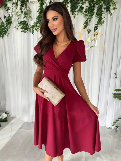 Sandra | Damskie Elegancka Koktajlowa Sukienka midi V-neck
