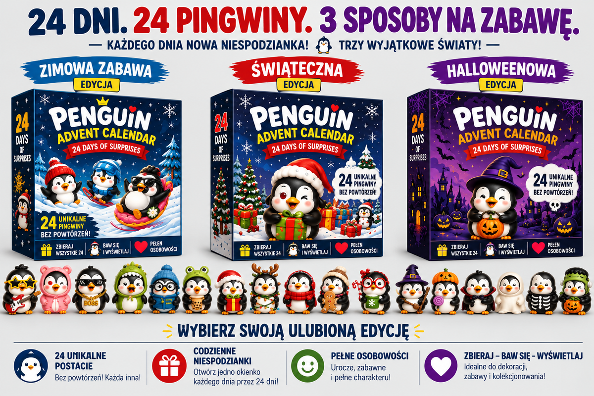 Kalendarz Adwentowy 24 Unikalne Figurki Pingwinów