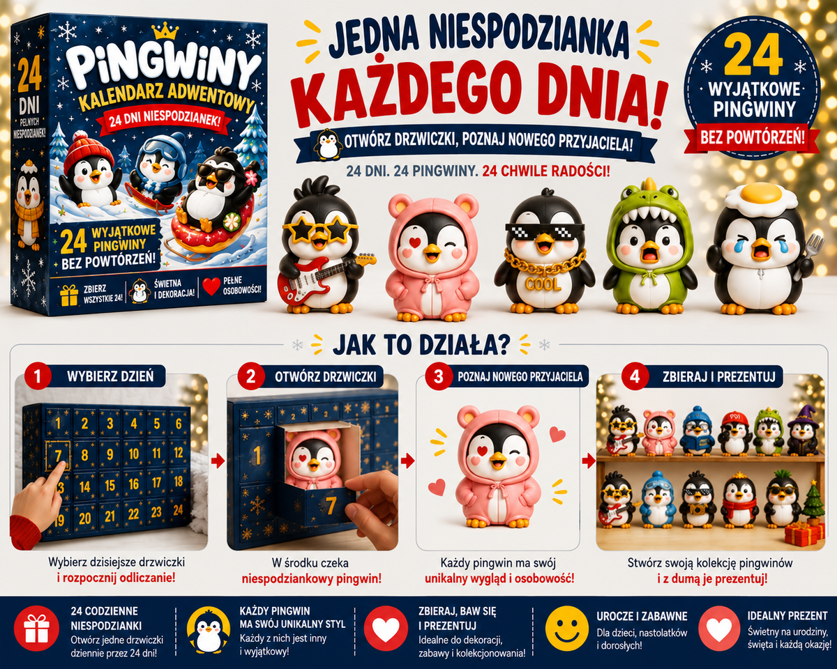 Kalendarz Adwentowy 24 Unikalne Figurki Pingwinów