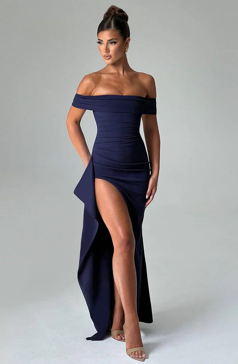 Iga | Damska Sukienka na studniówkę Bardot z Rozcięciem Maxi