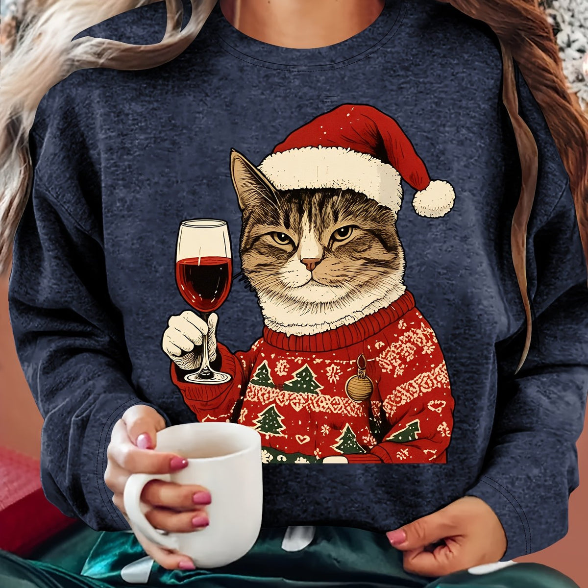 Karolina | Damski Brzydki sweter świąteczny z Grafiką Kota