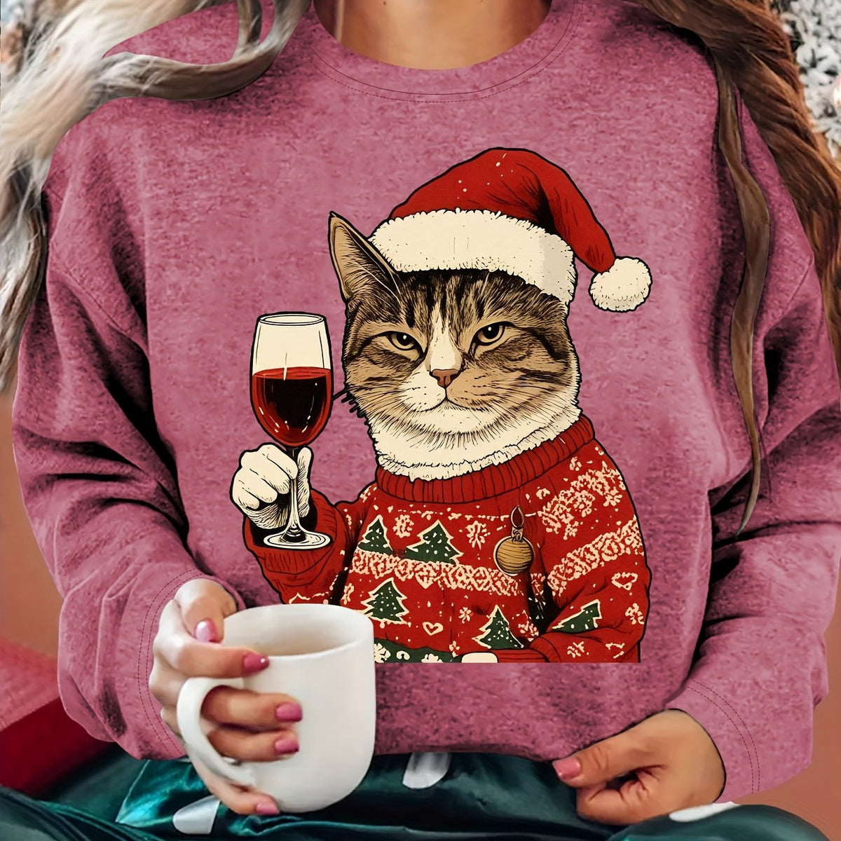 Karolina | Damski Brzydki sweter świąteczny z Grafiką Kota