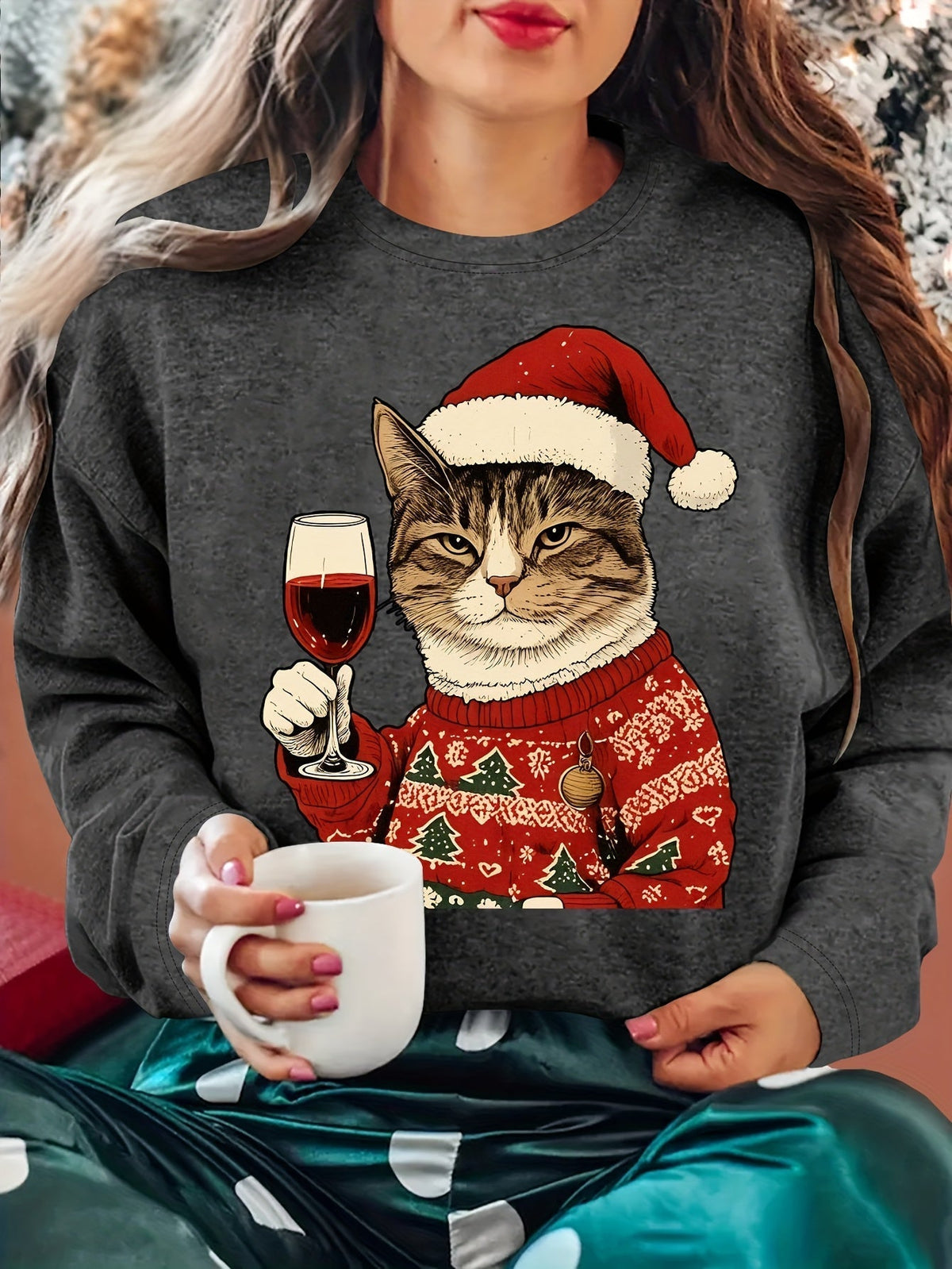 Karolina | Damski Brzydki sweter świąteczny z Grafiką Kota