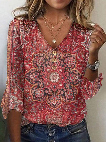 Elizabeth | Damskie Letnia Zwiewna Bluzka boho we wzory