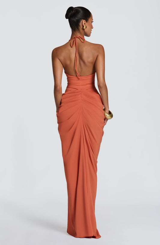 Mioslawa | Damska Dopasowana wieczorowa sukienka maxi z dzianiny jersey Halter