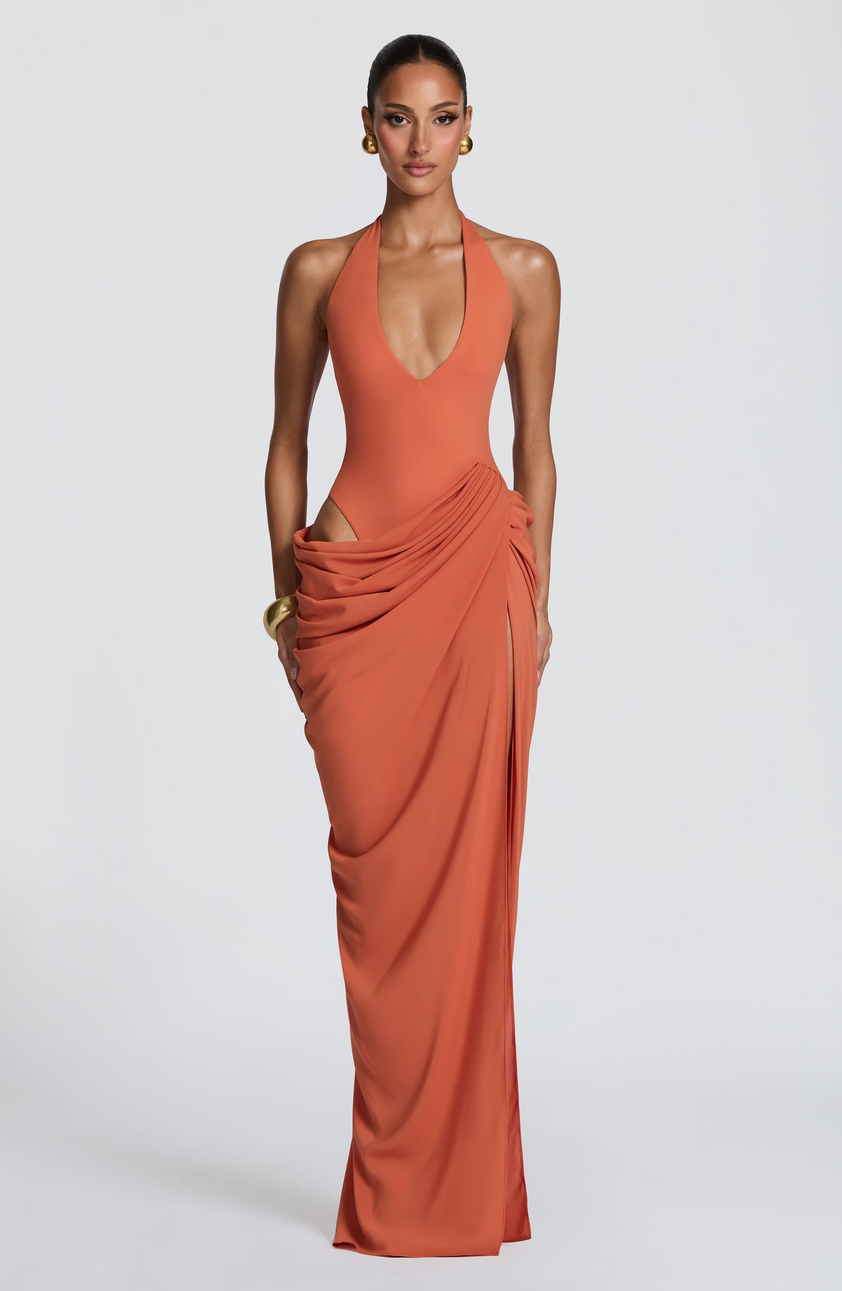 Mioslawa | Damska Dopasowana wieczorowa sukienka maxi z dzianiny jersey Halter