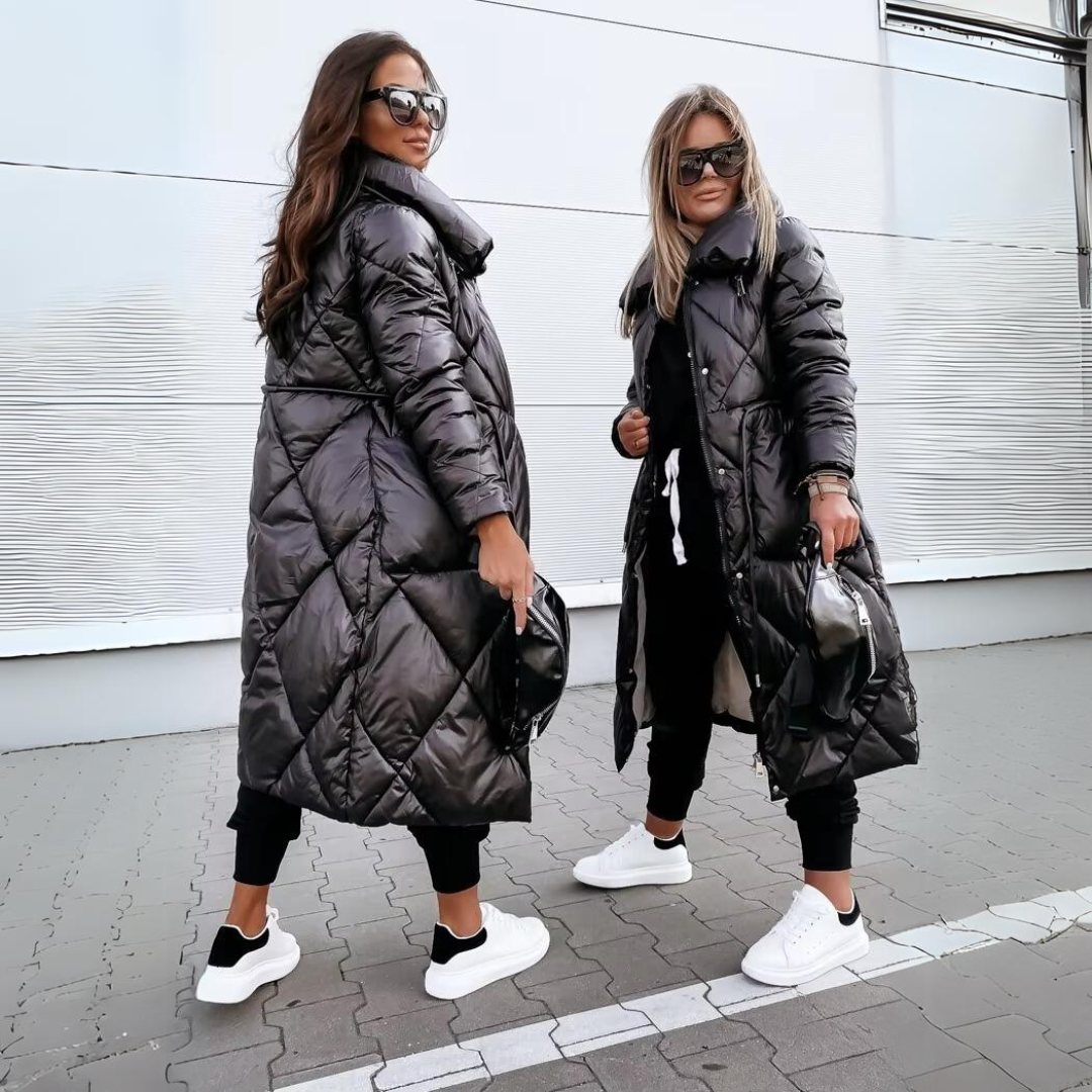 Sylwia | Damska Długa Pikowana Kurtka Zimowa na Zamek