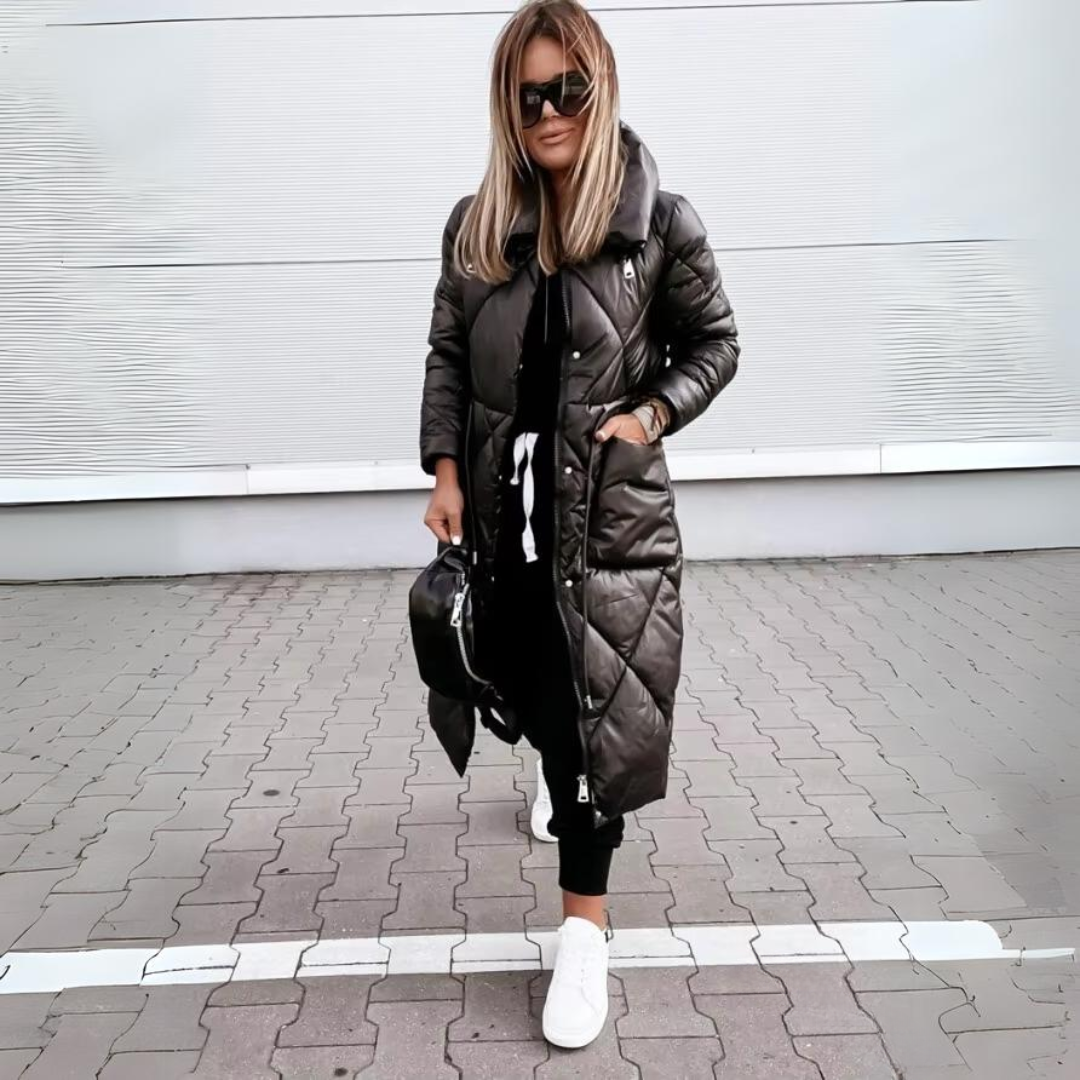 Sylwia | Damska Długa Pikowana Kurtka Zimowa na Zamek