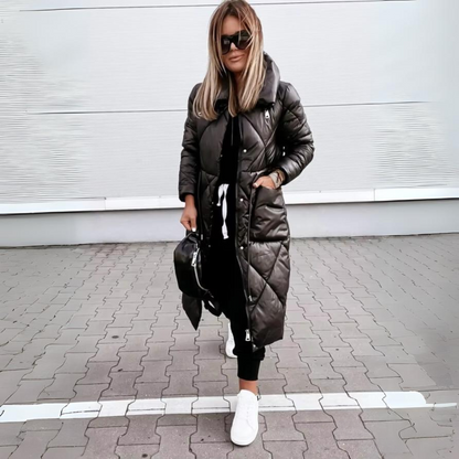 Sylwia | Damska Długa Pikowana Kurtka Zimowa na Zamek
