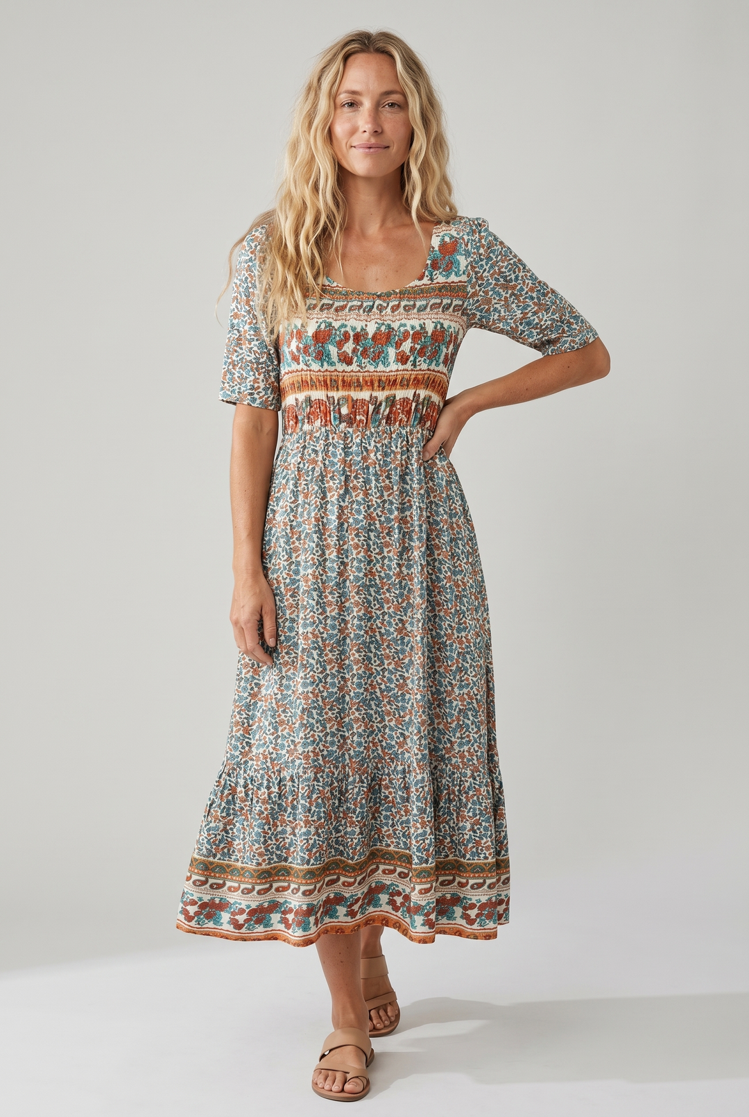 Lena | Damska Letnia Drukowana Boho Sukienka Midi