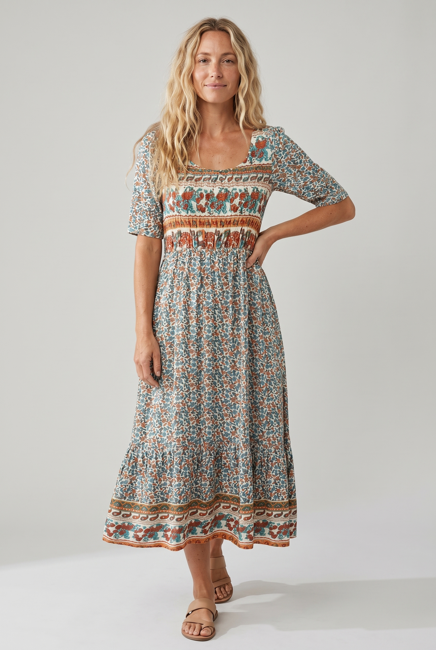 Lena | Damska Letnia Drukowana Boho Sukienka Midi